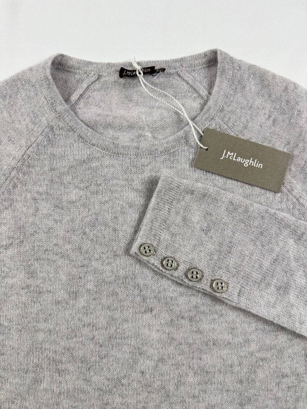 J.McLaughlin 100% Cashmere Pullover Sweater Crew Neck Melange Gray Button Sleeve